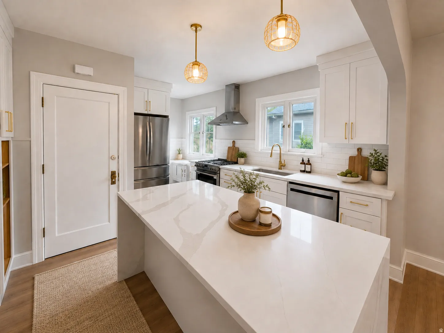 Kitchen featuring a central island with a light-toned countertop, white cabinetry with gold-toned hardware, stainless steel appliances, and wood-finish flooring