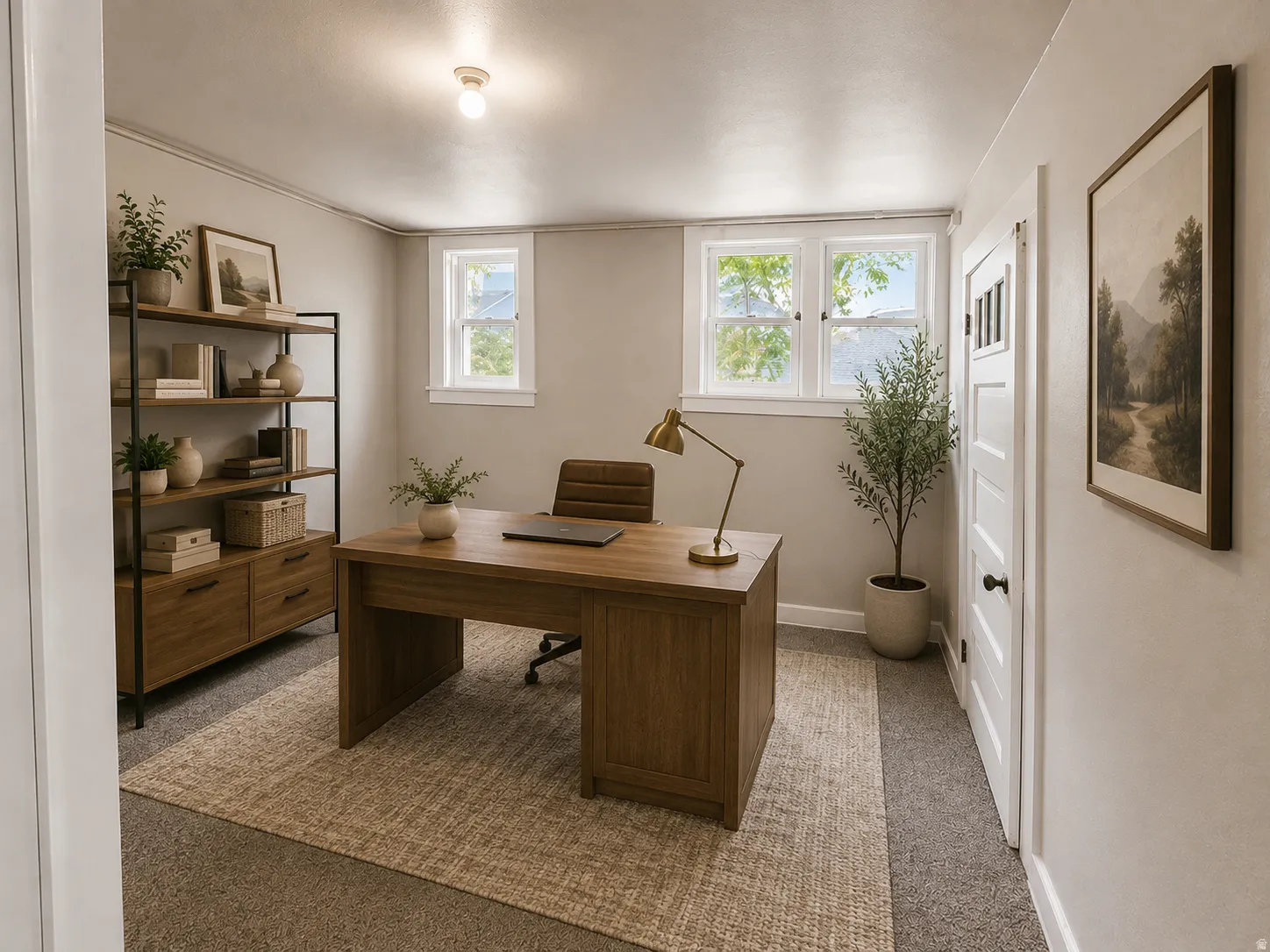 Recessed windows, built-in shelving, panel door with glass inserts, and neutral wall tones