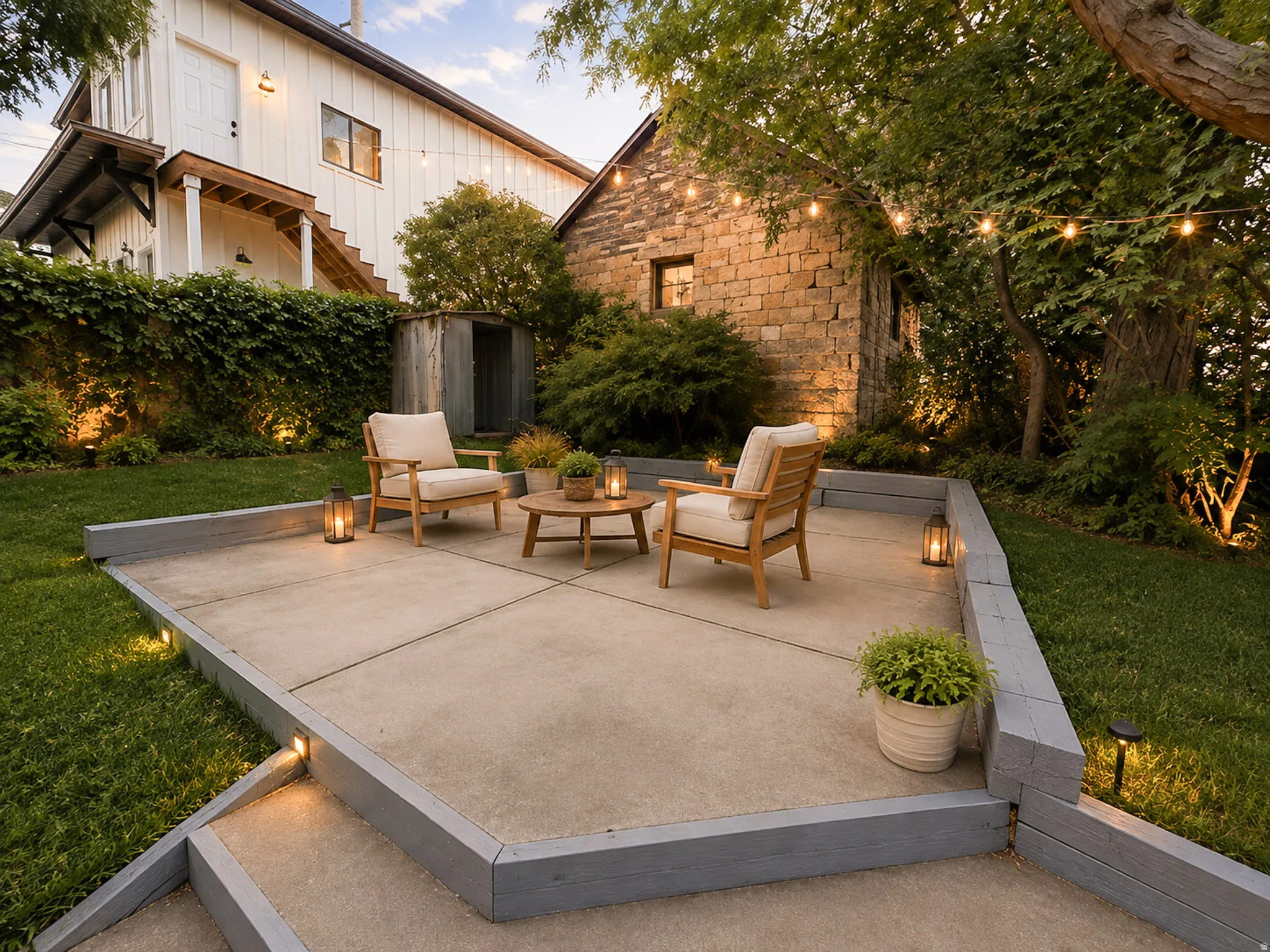 Concrete patio with integrated step lighting and wooden retaining wall