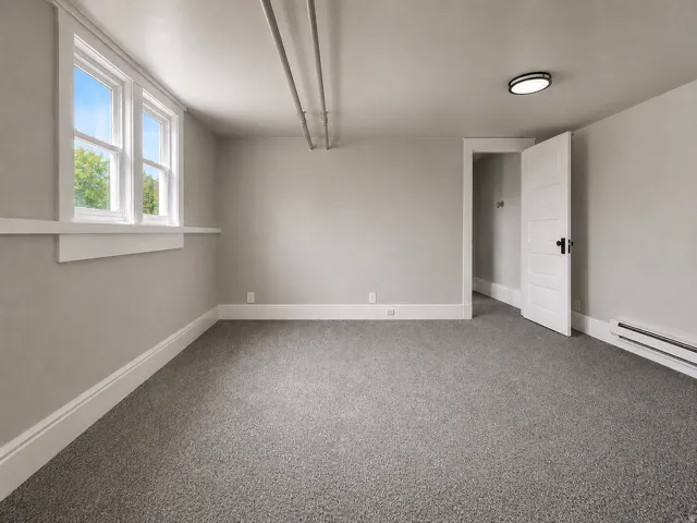 Carpeted room with a double window, overhead flush-mount lighting, and a white paneled door with dark hardware