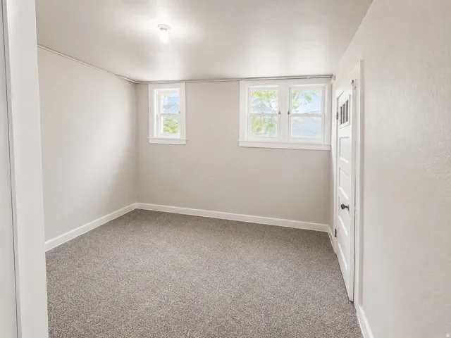Light gray carpeting, two sash windows, overhead ceiling light fixture, white trim, and a paneled interior door