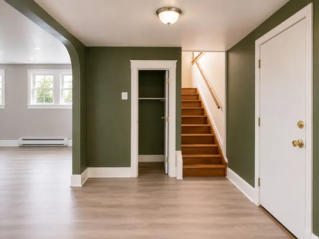Light wood-finish flooring with an arched doorway