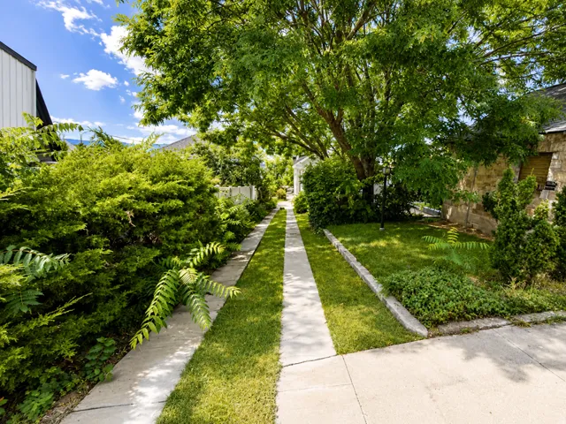 Paved driveway with grass accents, mature trees, and established perimeter landscaping