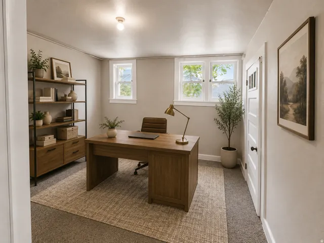 Recessed windows, built-in shelving, panel door with glass inserts, and neutral wall tones