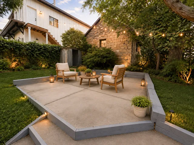 Concrete patio with integrated step lighting and wooden retaining wall