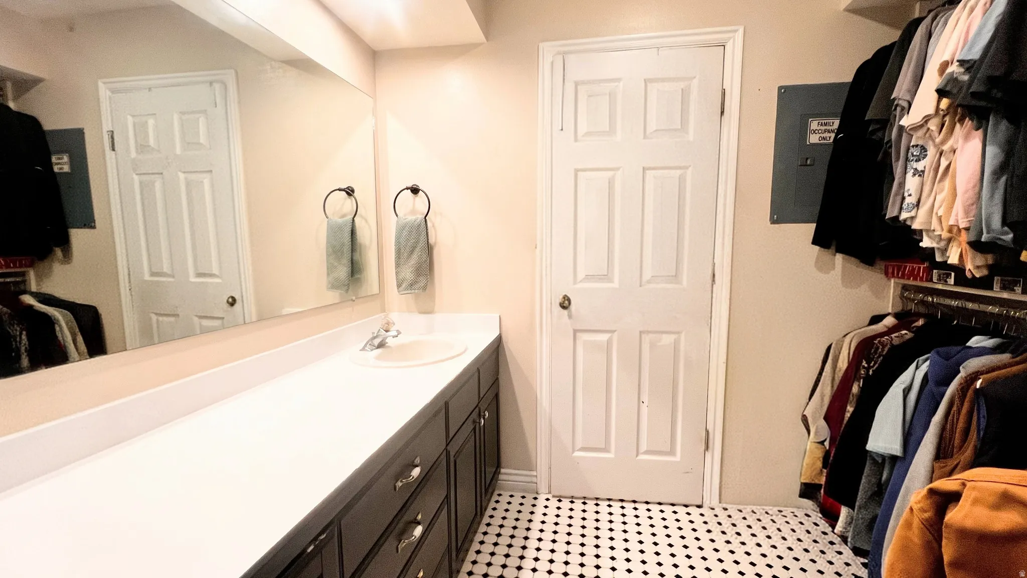 Master Bath with Elongated vanity with a single basin sink, silver-finish faucet, and substantial countertop space