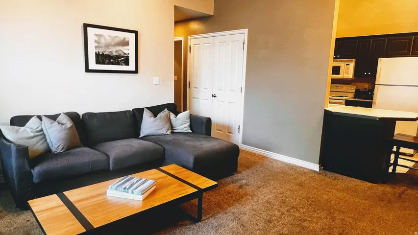 Living area featuring plush carpeting and a neutral color palette