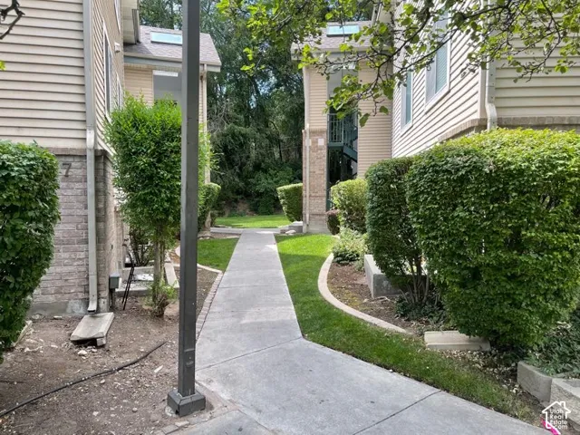 Concrete pathway flanked by manicured green shrubs and planted landscaping