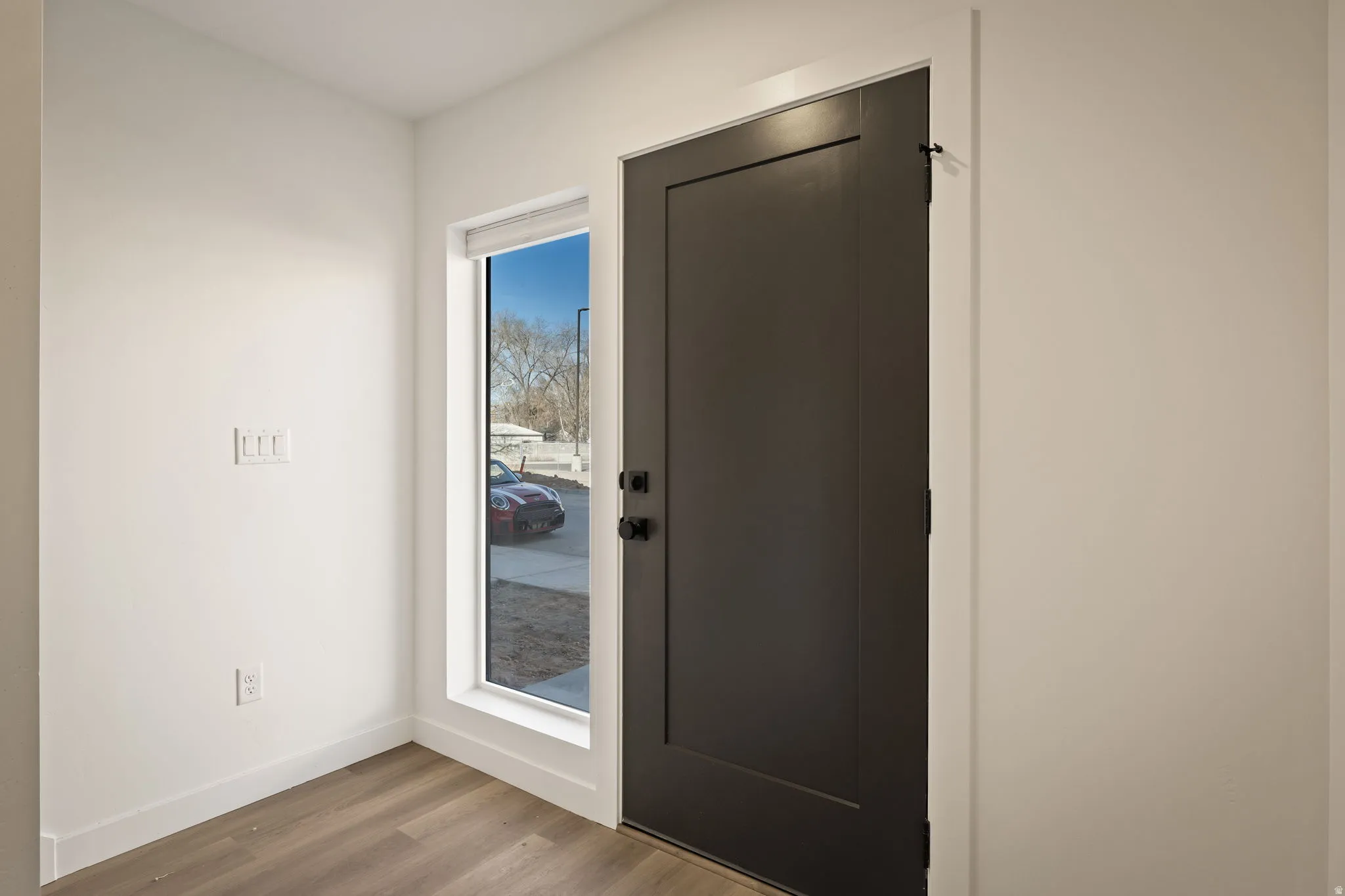 Entryway featuring a dark paneled door, wood-finish flooring, a full-length sidelight, white baseboards, and white walls