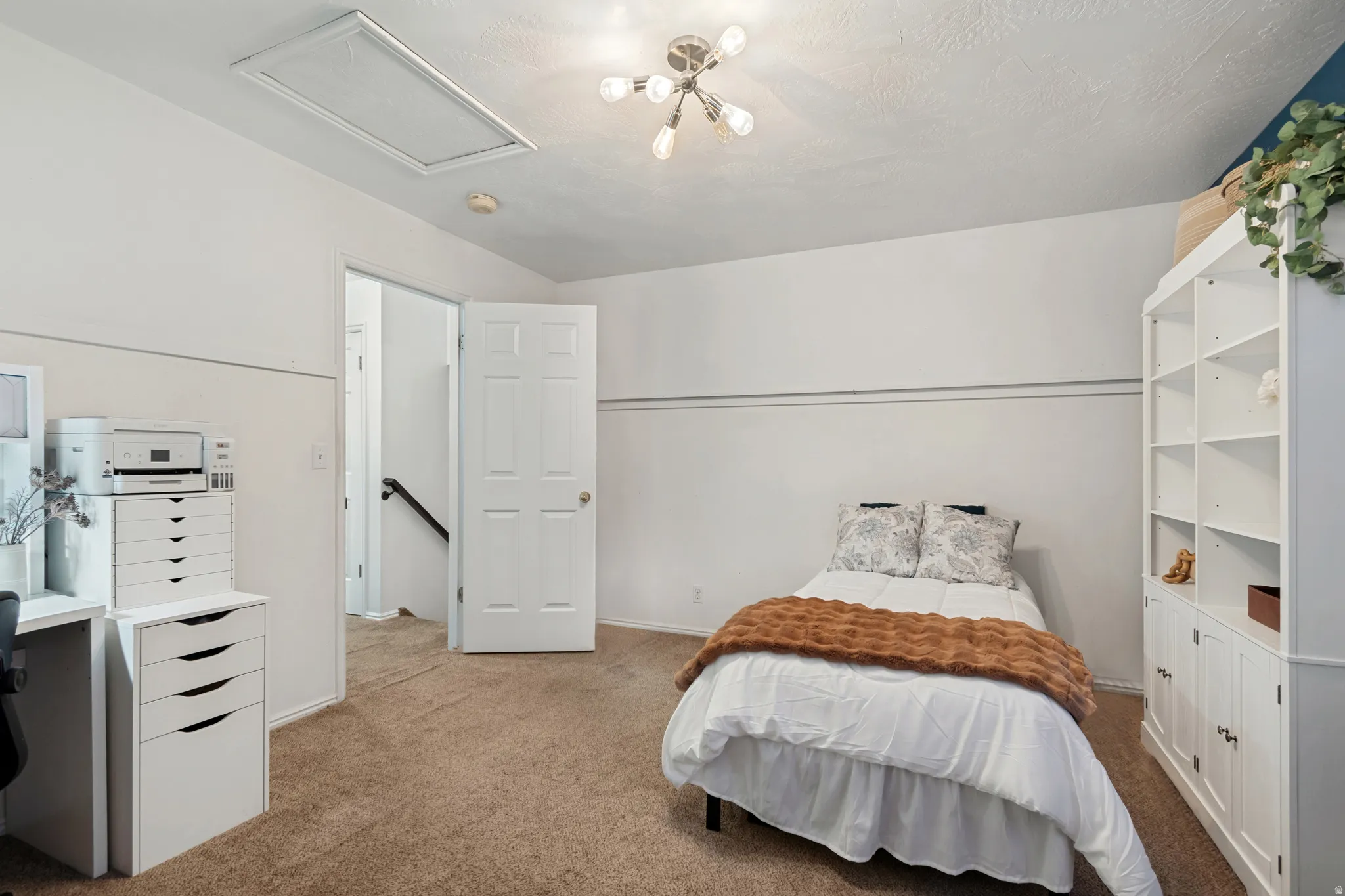 Carpeted room with a ceiling-mounted light fixture, white interior door, and an attic access panel