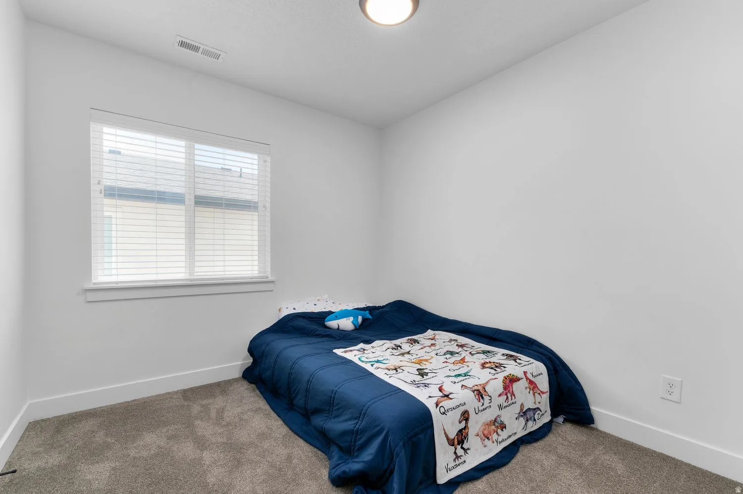 Interior room featuring a single window with blinds, light gray carpeting, and white walls