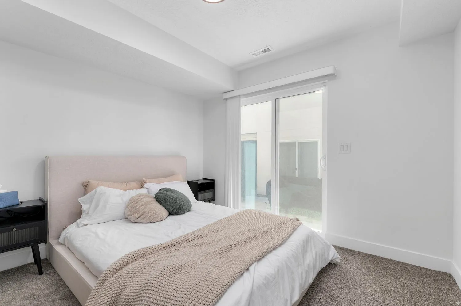 Bright room featuring light gray carpet flooring and white walls