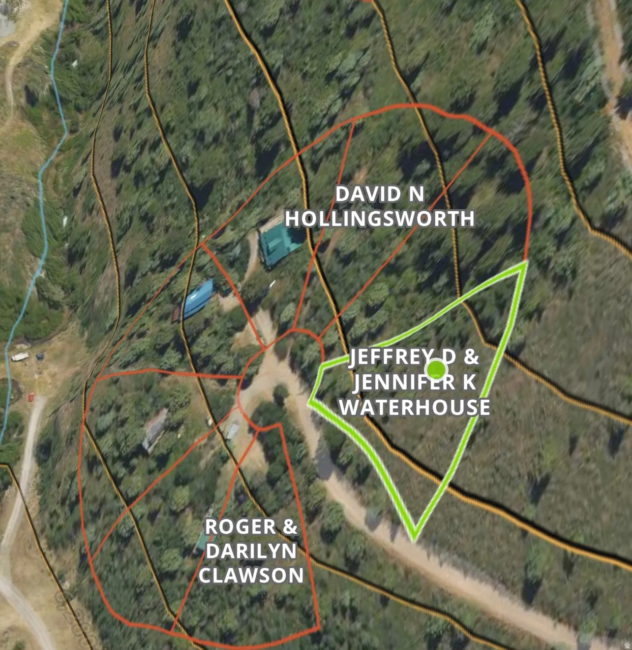 Property Ownership Map. Illustrating various property boundaries and associated owner names