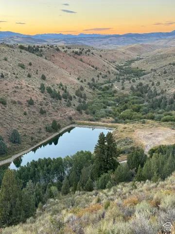 Expansive natural landscape featuring a prominent body of water, rolling hills, and abundant mature trees
