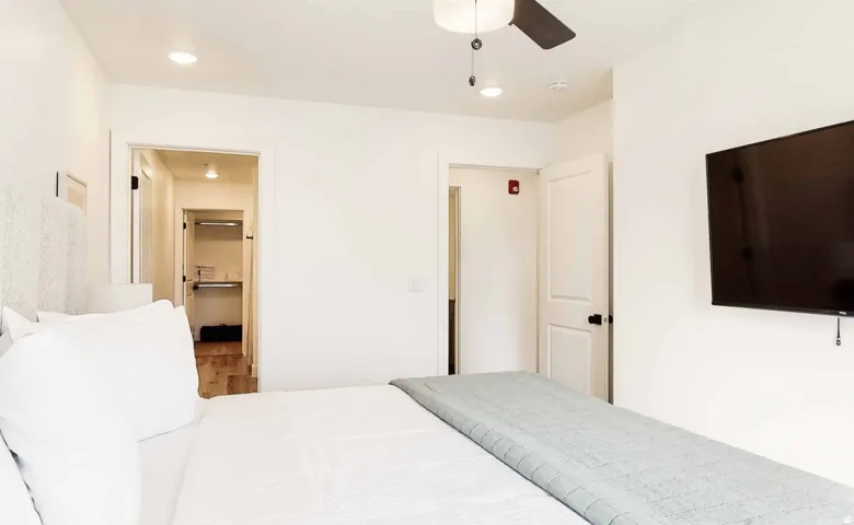 Well-lit interior featuring a ceiling fan with integrated lighting, recessed overhead lighting, a wall-mounted flat-screen television, and white paneled doors with black hardware