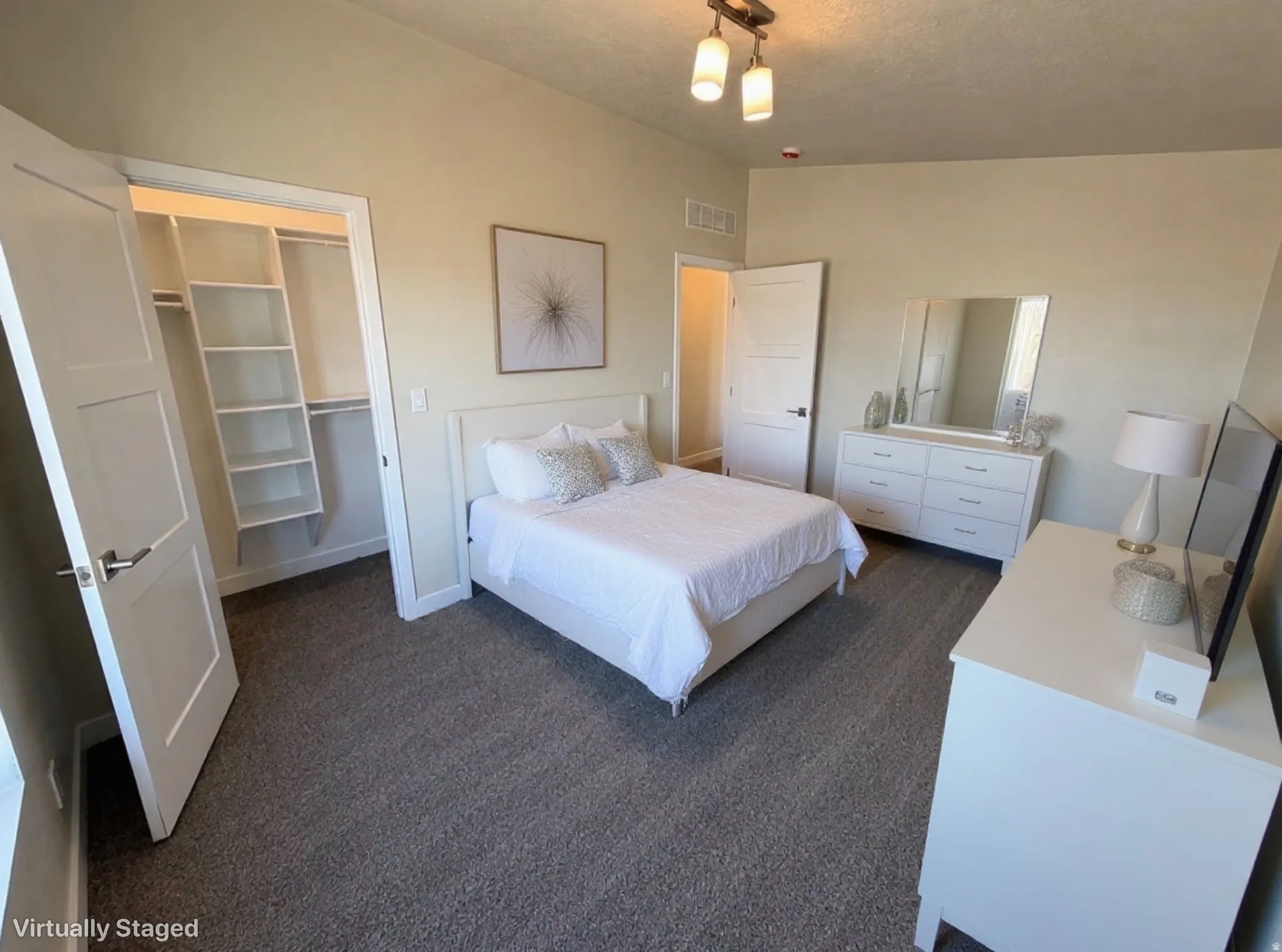 Spacious room featuring neutral wall tones, gray carpeting, a built-in closet with shelving, a contemporary ceiling light fixture, and white three-panel interior doors