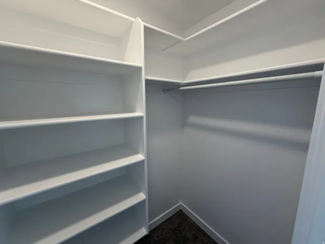 Closet interior featuring built-in shelving, white walls, dark carpeting, and a clothing rod