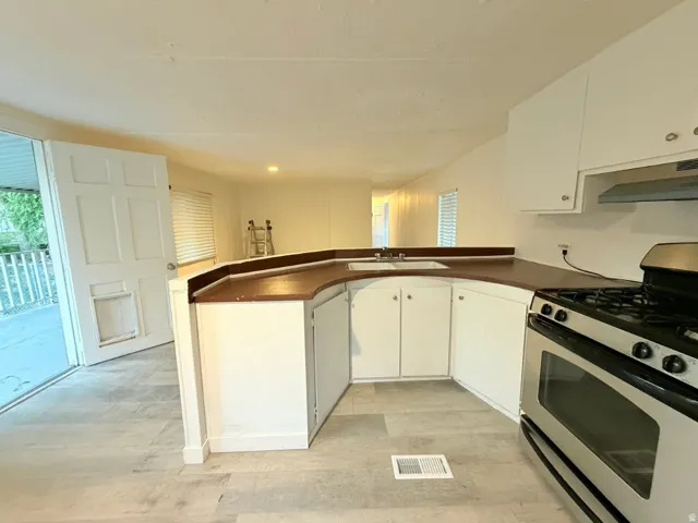 Kitchen featuring a gas range, stainless steel appliances, white cabinetry, a double basin sink, and wood-finish countertops