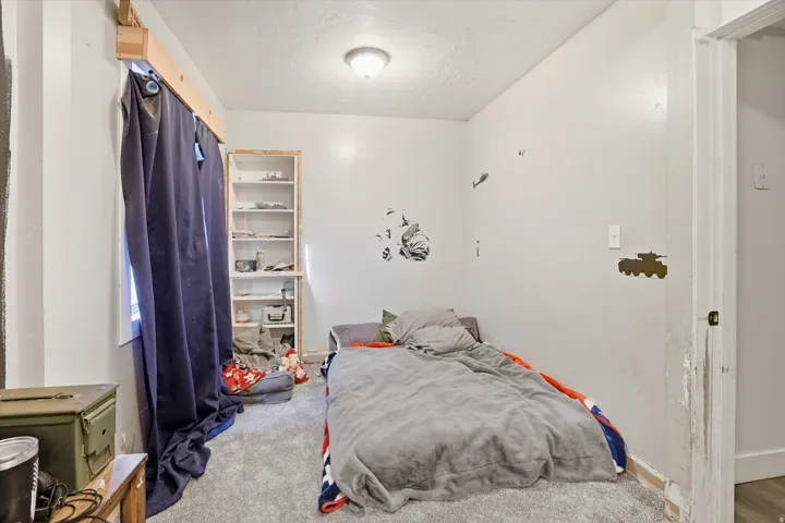 Bedroom space featuring light gray carpet flooring and white painted walls
