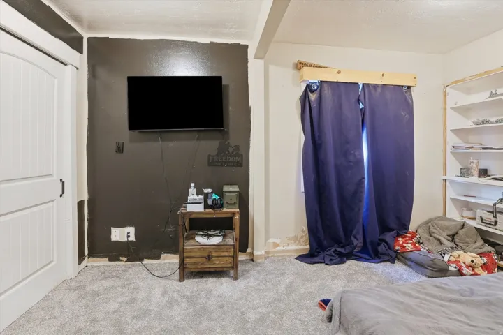 Carpeted interior space featuring a white paneled door with black hardware, a painted accent wall, and built-in shelving