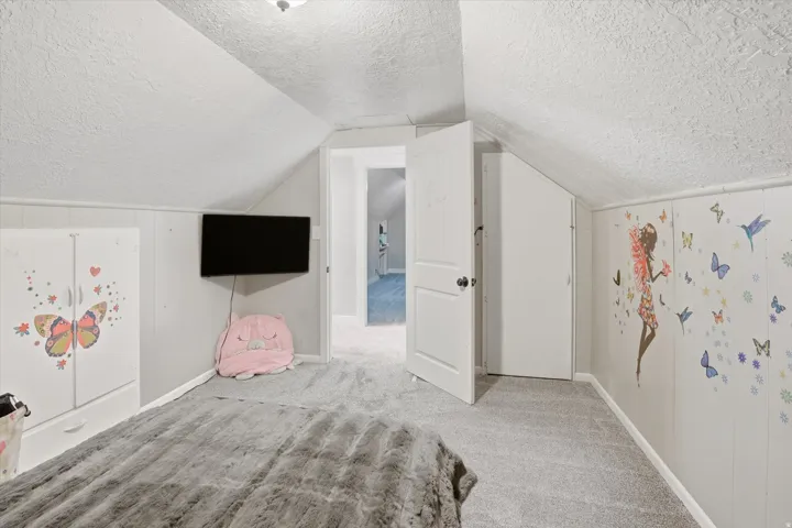 Carpeted room with a pitched ceiling and textured finish