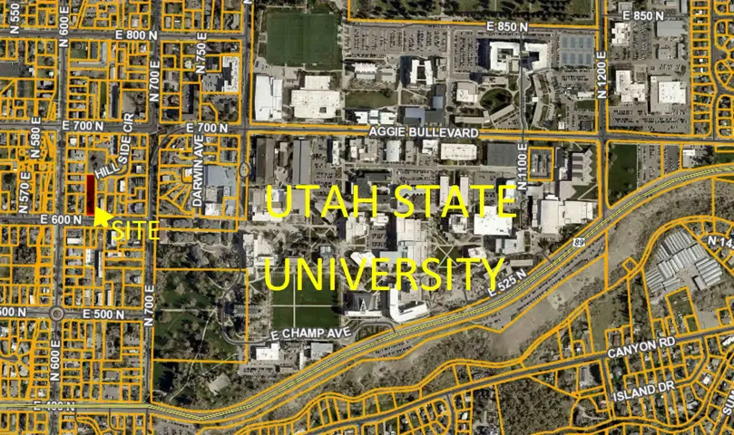 Property Location Map. Indicating the site's position relative to Utah State University and surrounding infrastructure