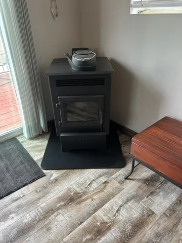 Freestanding black stove with a glass-front door and protective hearth pad