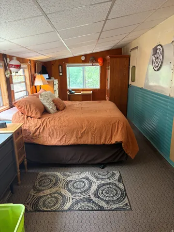 Carpeted room featuring wood paneling, a drop ceiling, and a built-in window with a wood frame