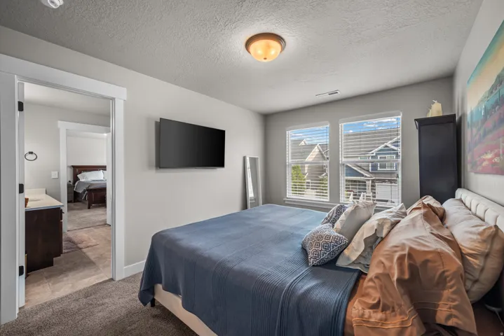Carpeted bedroom featuring two windows with blinds, a ceiling-mounted light fixture, and a wall-mounted television
