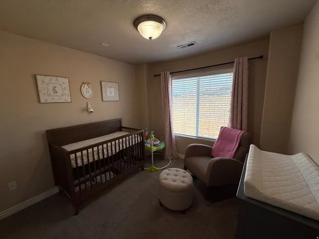 Carpeted room with a ceiling-mounted light fixture, window with blinds and curtains, and neutral wall tones