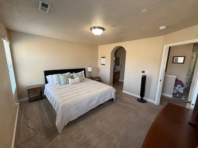 Carpeted room featuring an arched doorway, window with blinds, and a ceiling-mounted light fixture