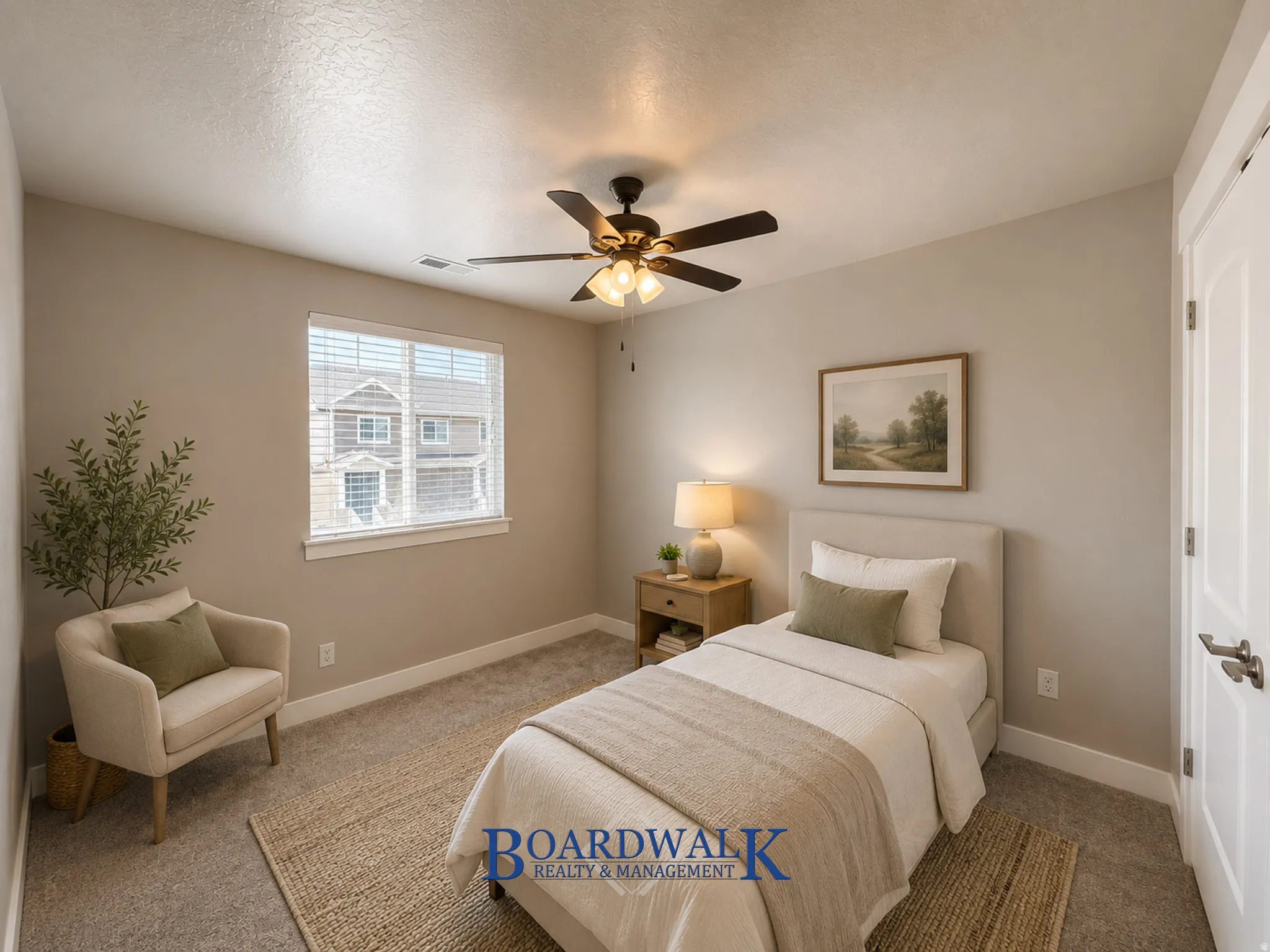 Carpeted room featuring a ceiling fan with integrated lighting, a window with blinds, and white baseboards