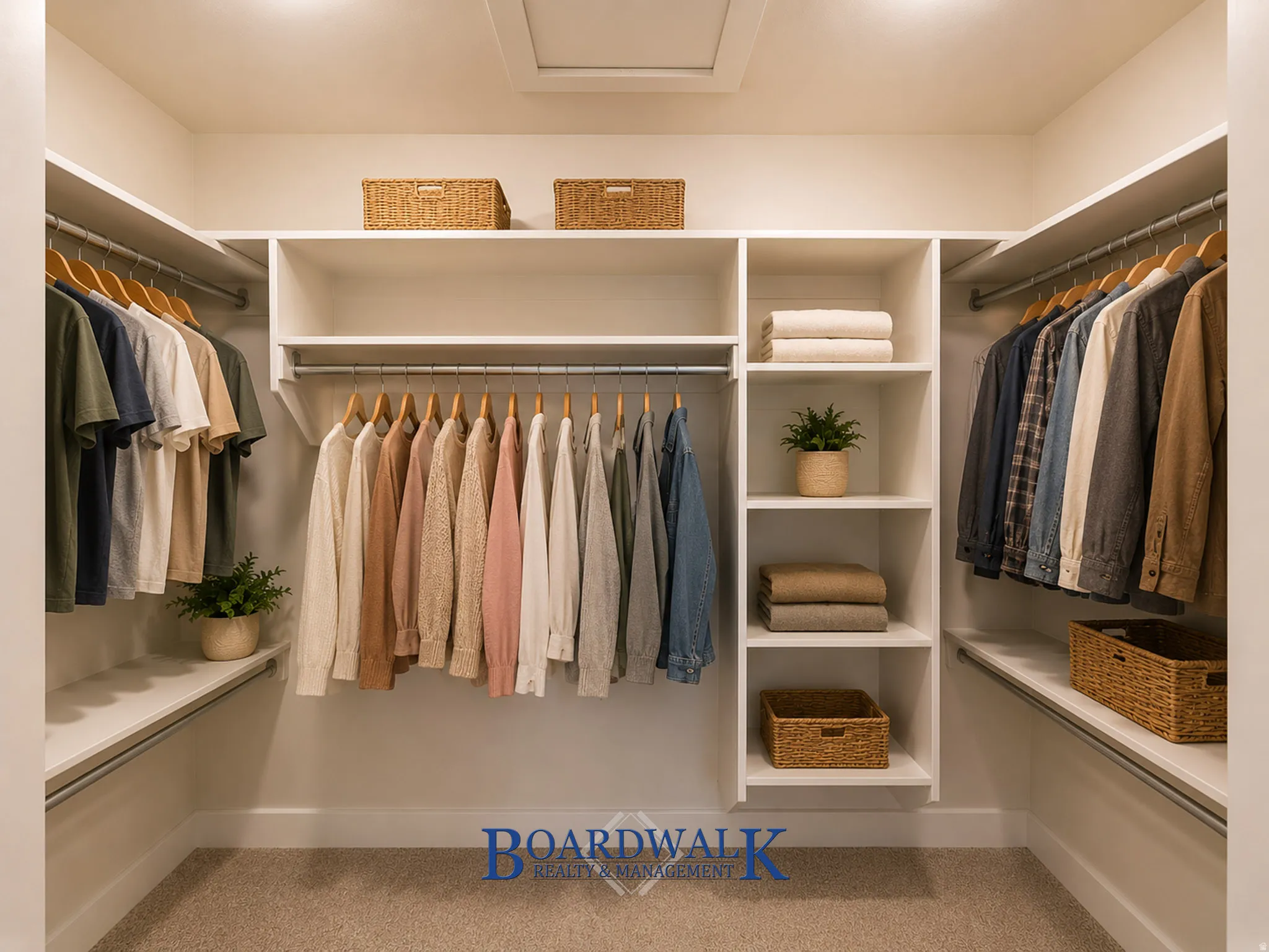 Walk-in closet featuring built-in white shelving, multiple hanging rods, recessed lighting, and carpet flooring