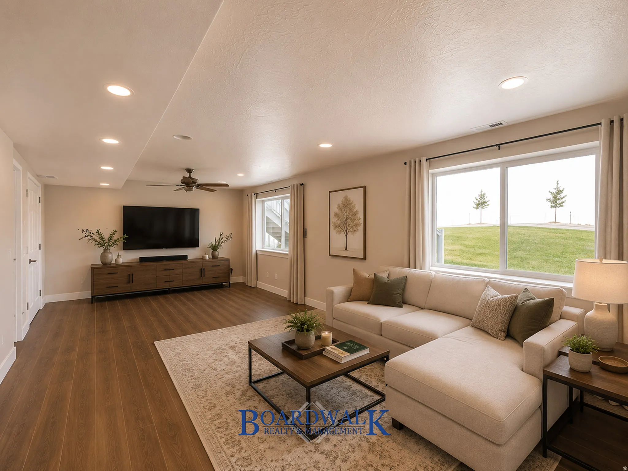 Spacious living area featuring recessed lighting, wood-finish flooring, large windows, ceiling fan, and light-toned walls