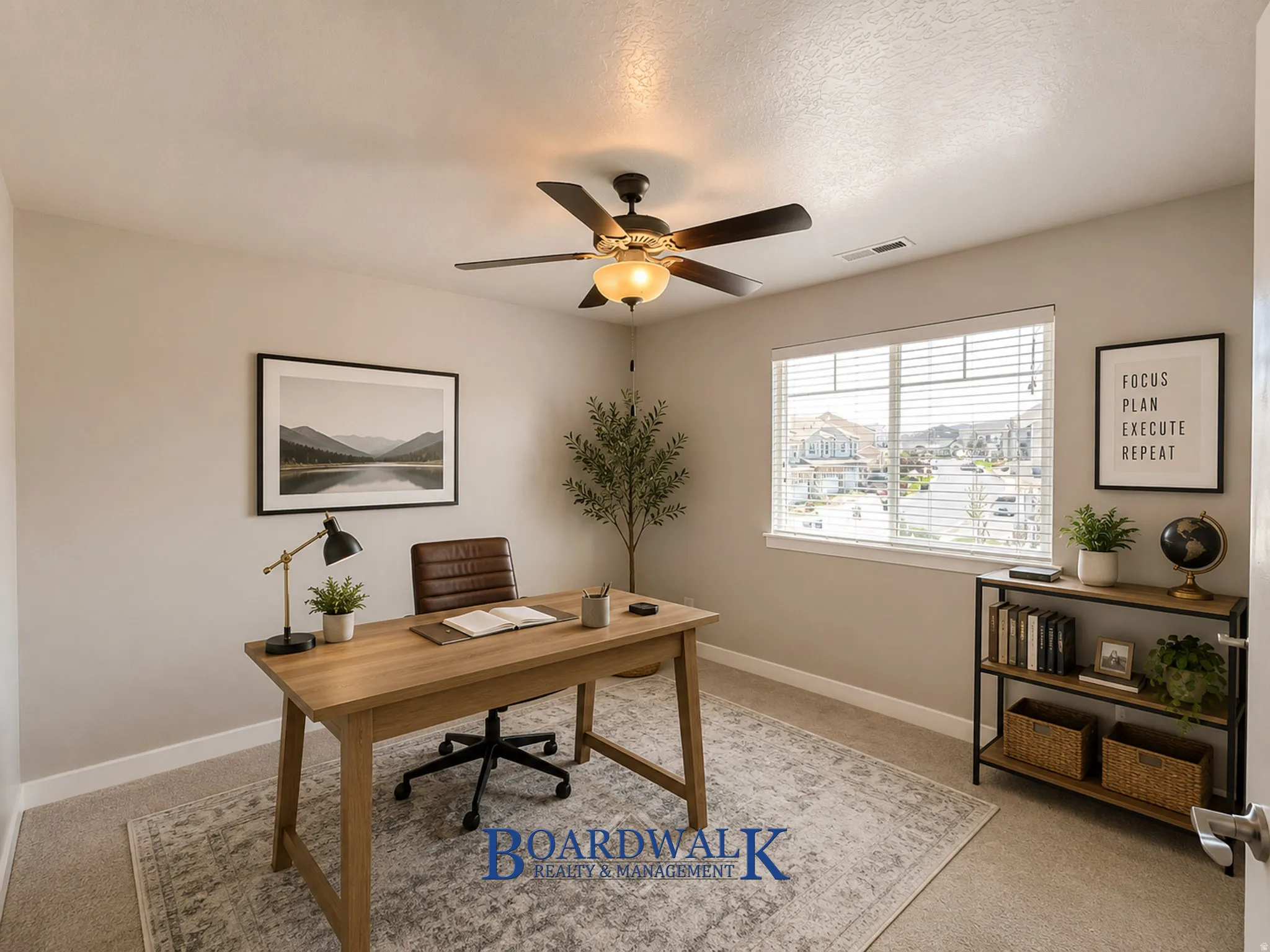 Room featuring neutral wall tones, carpet flooring, a ceiling fan with integrated lighting, and a large window with horizontal blinds
