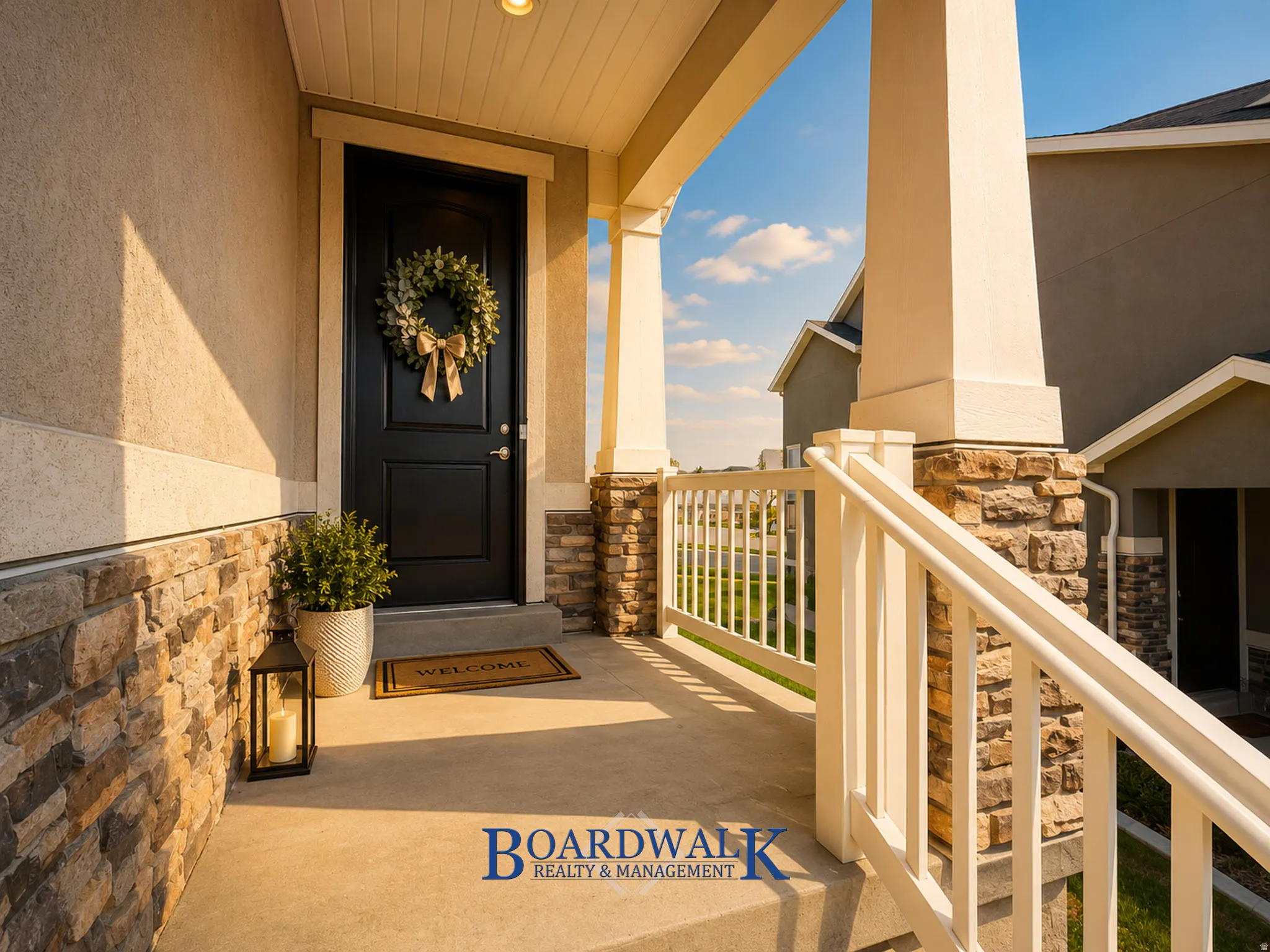 Inviting entry porch featuring a dark paneled door, stone-accented columns, and stucco exterior