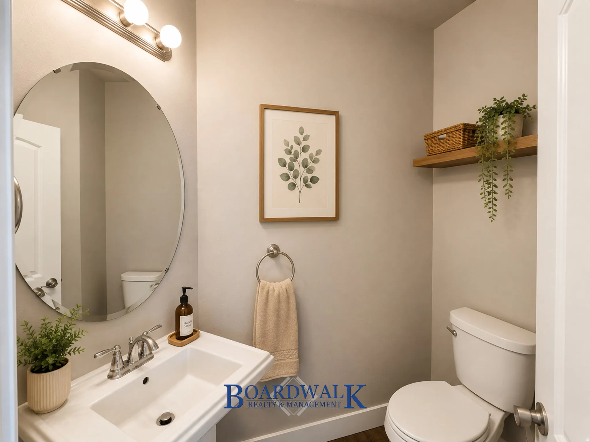 Compact powder room featuring a pedestal sink with chrome faucet, a circular frameless mirror, and overhead vanity lighting