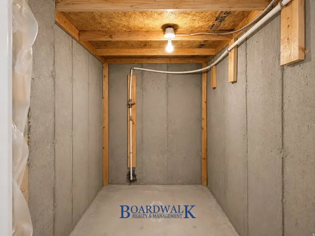 Unfinished room featuring concrete walls and flooring, exposed wood ceiling joists, and overhead lighting