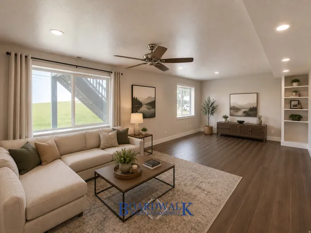 Spacious room featuring wood-finish flooring, recessed lighting, and a ceiling fan