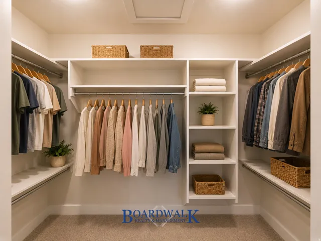 Walk-in closet featuring built-in white shelving, multiple hanging rods, recessed lighting, and carpet flooring