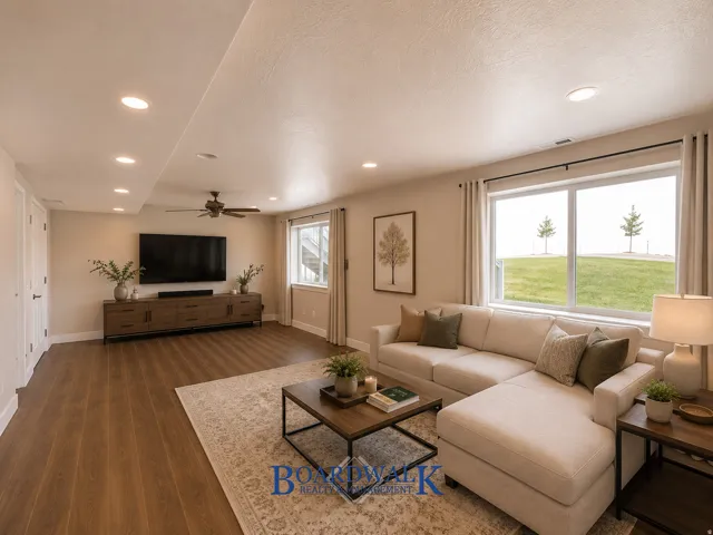 Spacious living area featuring recessed lighting, wood-finish flooring, large windows, ceiling fan, and light-toned walls