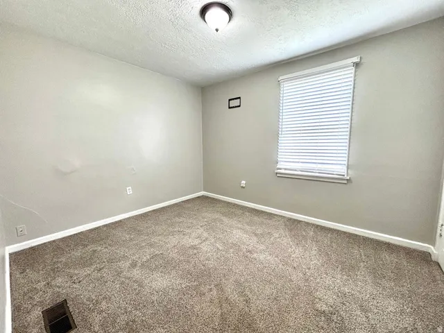 Carpeted interior space featuring a window with horizontal blinds, neutral wall paint, white baseboards, and a ceiling-mounted light fixture
