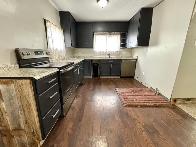 Kitchen featuring wood-finish flooring, dark cabinetry with bar pulls, speckled countertops, and stainless steel appliances