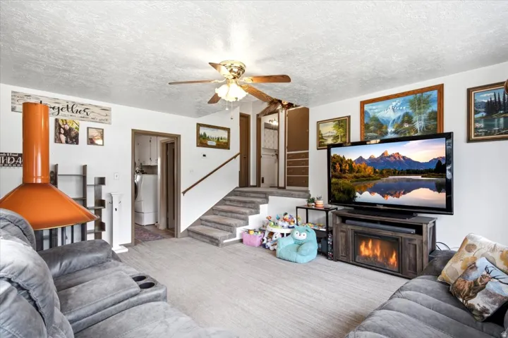 Carpeted living space featuring an orange freestanding fireplace, a ceiling fan with integrated lighting, a built-in entertainment console with an electric fireplace, and a partial view of a built-in laundry area