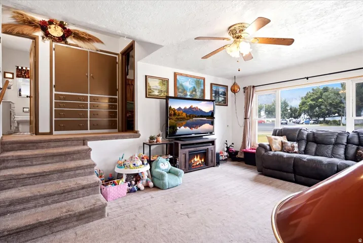 Living area featuring a spacious window, ceiling fan with light fixture, built-in storage cabinetry, and carpeted flooring