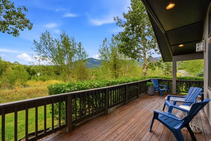 Expansive wood-finish deck with dark railings, a privacy hedge, and recessed ceiling lighting