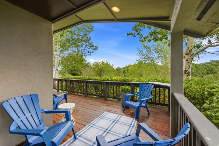 Covered outdoor deck featuring wood-finish flooring and dark railings