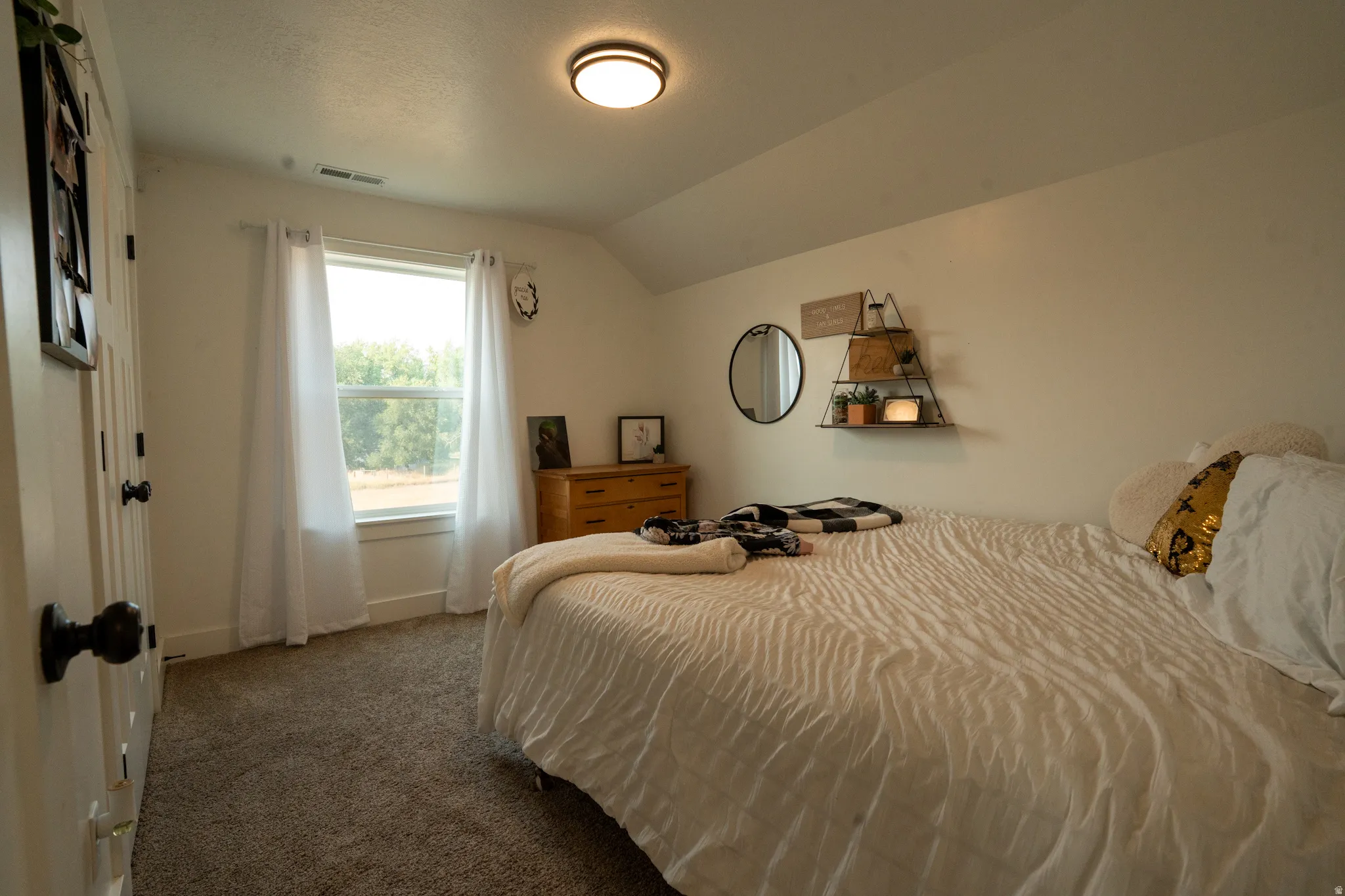 Bright bedroom with abundant natural light from a large window, neutral wall finishes, and carpeted flooring