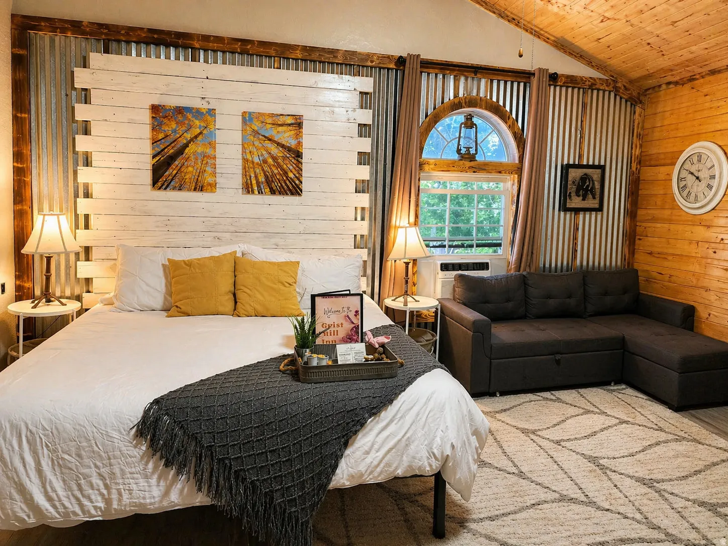 Vaulted wood-paneled ceiling with exposed beams