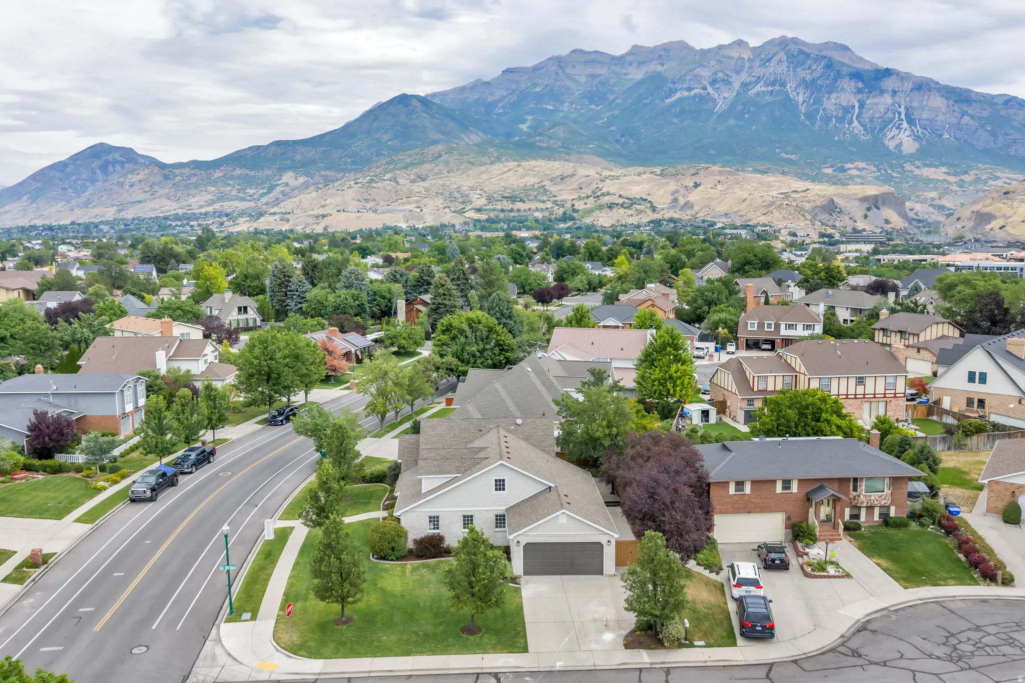 Residential neighborhood featuring a prominent mountain backdrop, mature trees, and varying architectural styles
